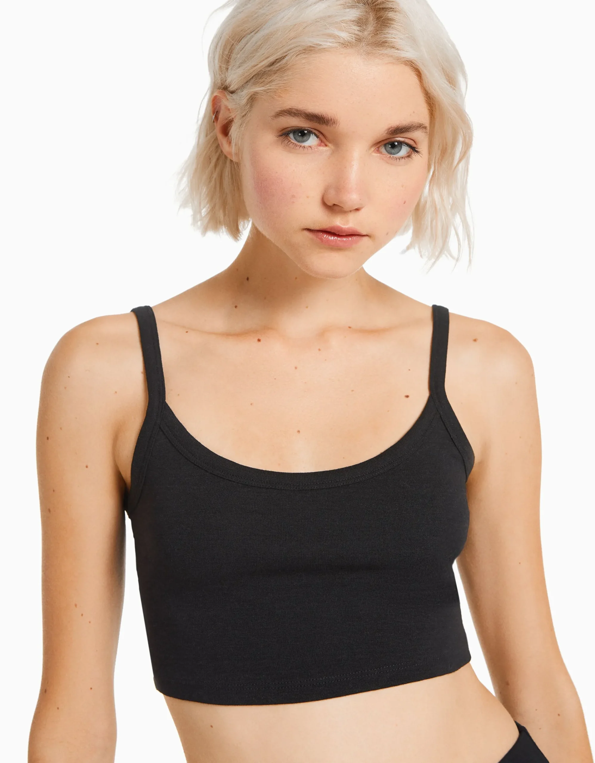 BERSHKA Top tirante ancho cropped Negro Cheap